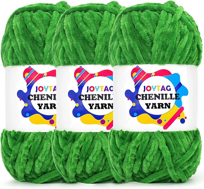 Velvet Chenille Yarn for Crocheting & Knitting - Soft, Thick, Bulky, Chunky Green Velvet Yarn - 3 x 100g