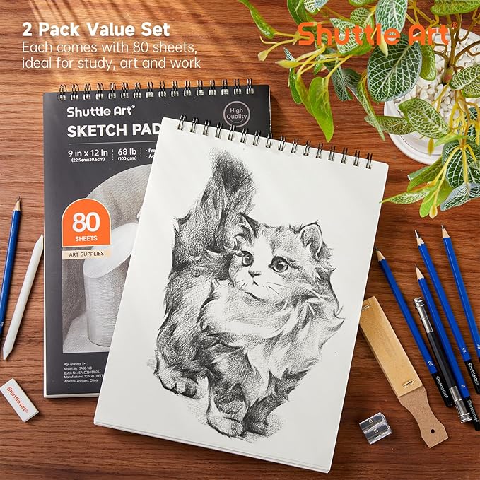 Artists Sketch Books, 9 x 12 Shuttle Art 160 Sheets of Sketch Paper pad Ideal for Drawing and School Supplies (2 Pack)