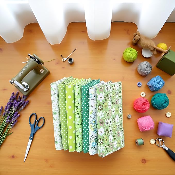 7Pcs Top Green Cotton Craft Fabric Bundle Squares Patchwork DIY Sewing Scrapbooking Quilting Floral Dot Pattern Craft and Hobby Fabric 10" x 10" (25cm x 25cm)