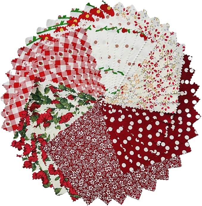 Red Cotton Quilt Fabric Squares 5''x5'', Rose Floral Fabric Bundles Charm Packs for Baby Girls, Quilting Squares for Patchwork and DIY Crafts (42Pcs)