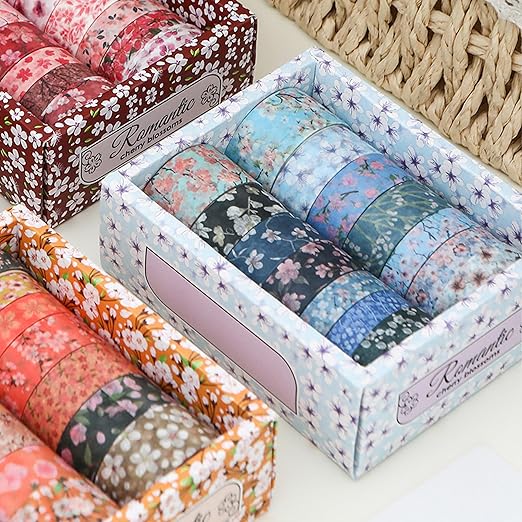 14 Rolls Sakura Washi Tape Set Flowers Arts Adhesive Tapes Cherry Blossom Decorative Masking Tape Sets for Craft, Kids, Scrapbook, DIY, Gift Wrapping (Midnight Blossom)