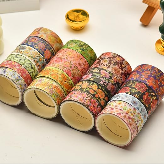 20 Rolls Flowers Washi Tape Set Floral Arts Adhesive Tapes Gold Foil Decorative Masking Tape Sets for Craft, Kids, Scrapbook, DIY, Gift Wrapping