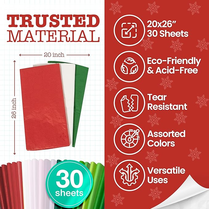 Ocean Tides 30 Sheets (20x26 Inches) Christmas Wrapping Paper – Gift Wrapping Tissue Paper Bulk for Crafts, Birthdays & Holidays – Colored Tissue Papers for Gift Bags & Decorations, Red, White, Green