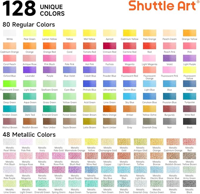 Shuttle Art Watercolor Paint Set, 128 Vibrant Colors with Metallic Shades, Travel Water Color Set with Watercolor Brushes, Palette, Watercolor Sketchbook and Coloring Sheets for Adults, Kids, Artists