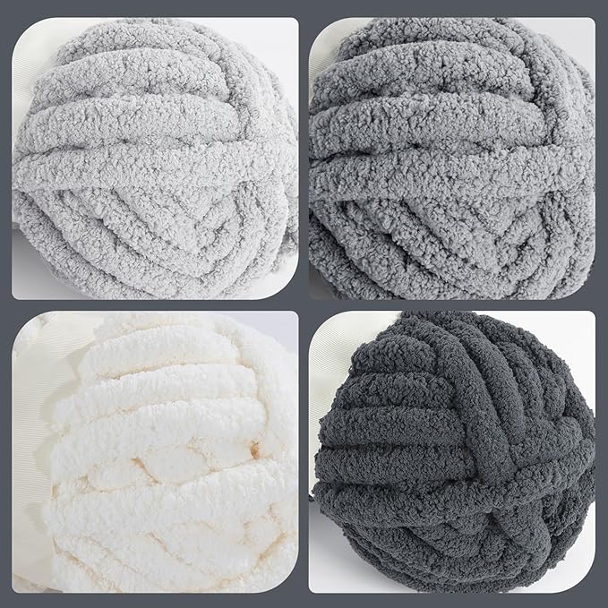 HOMBYS 8 Pack Assorted Chunky Yarn for Crocheting,Super Bulky Large Soft Fluffy Yarn,Plush Fuzzy Yarn,Thick Chenille Yarn for Hand Knitting/Arm Knitting,Cream & Grey(27yds,8 oz Each Skein)