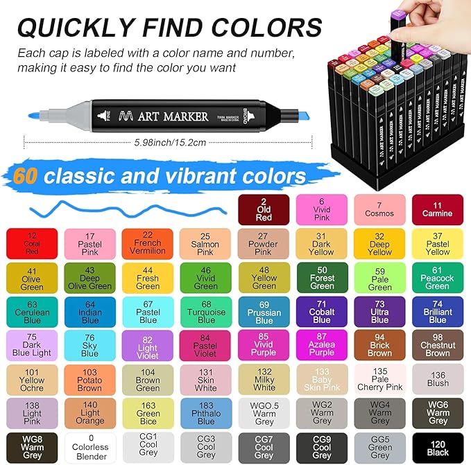Alcohol Markers, 60 Colors Dual Tip Art Markers Set for Kids Adult Coloring, Sketching Drawing Permanent Coloring Marker, Alcohol Based Marker Artist Pens With Carry Case (60)