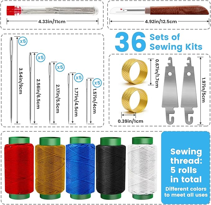 JUNCHONG Sewing Set 36Pcs Sewing Tool Set, Big Eye Steel Sewing Needles Kit with 25 Needles & Seam Ripper, Beginner Sewing Work Set