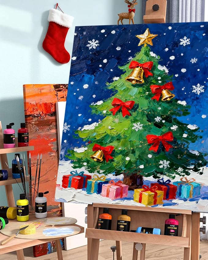 JusArt 24 Colors Acrylic Paint Set, Including Gold and Silver, 8.45oz(250ml) Large Bottles Adult Artist Paints for Canvas, Crafts, Mural, Rocks, Clay, Fabric, Wood