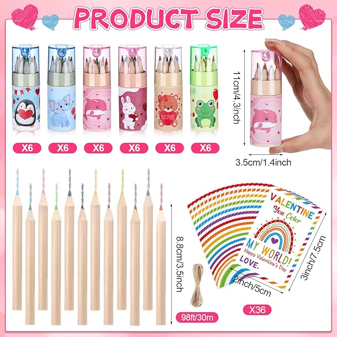 36 Pack Valentine Mini Colored Pencils with Sharpener in Tube Valentine's Day Party Favor with Valentines Cards,Come with Jute Rope for Adults Writing Sketching Painting,12 Colors