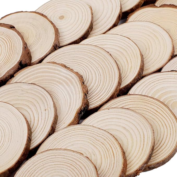 KINJOEK 50 PCS Natural Wood Slices 3.5-4 Inch with Bark Unfinished Wood Circles for Coasters DIY Crafts Wedding Decorations Christmas Ornaments