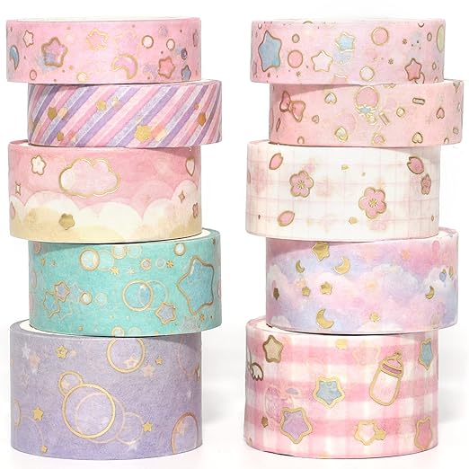 YUBX Creative Washi Tape Set 10 Rolls Gold Foil Print Decorative Masking Tapes for Arts, DIY Crafts, Journals, Planners, Scrapbook, Wrapping (Cute Sweety)