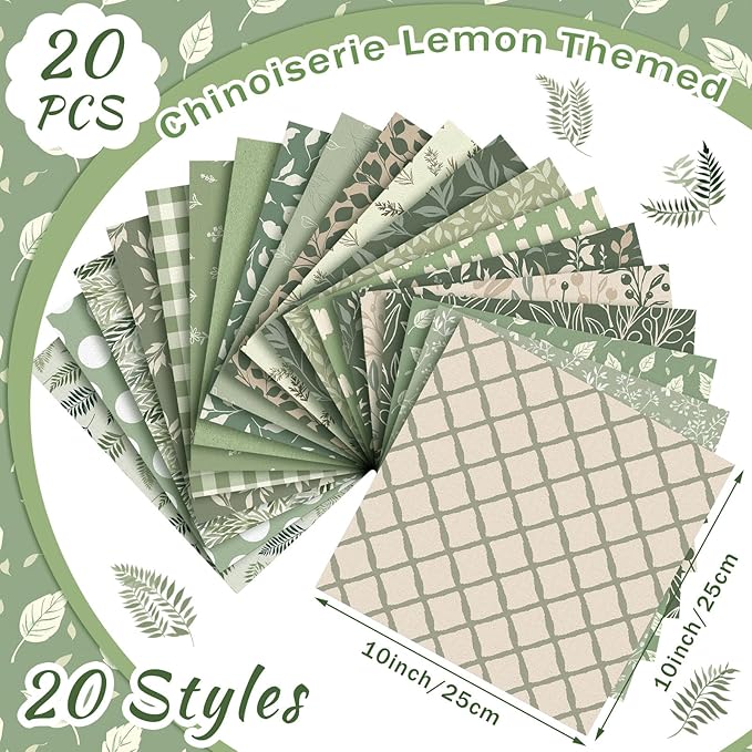 HunnmingRe 20 Pcs 10''x10'' Sage Green Quilting Fabric Square Vintage Sage Floral Quiltted Fabric Bundle Retro Green Precuts Printed Patchwork Supplies for Holiday DIY Sewing Craft
