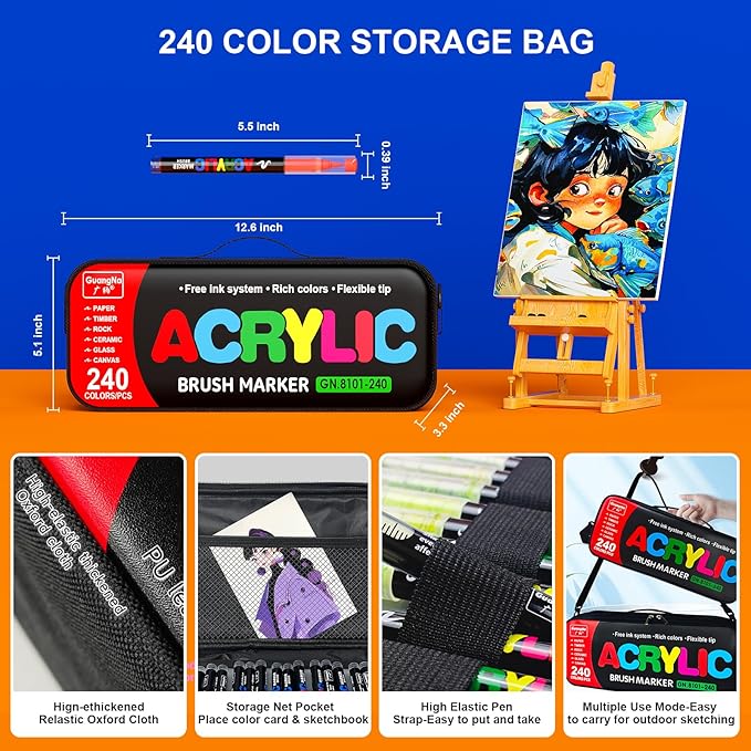 240 Colors Acrylic Paint Markers with Carrying Bag and Shoulder Strap, Soft Brush Tip Paint Pens, Acrylic Pens for Wood, Canvas, Glass, Fabric, Egg, Rock Painting and DIY Crafts Art Supplies (240)