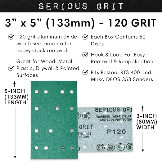 Serious Grit - 3" x 5" (80mm x 133mm) 14-Hole 120 Grit Sanding Sheets - Fits Festool RTS 400 & Mirka Deos 353 - Heavy-Duty Hook & Loop Film Abrasives - Sandpaper for Sheet Sanders - 50 Pack Box