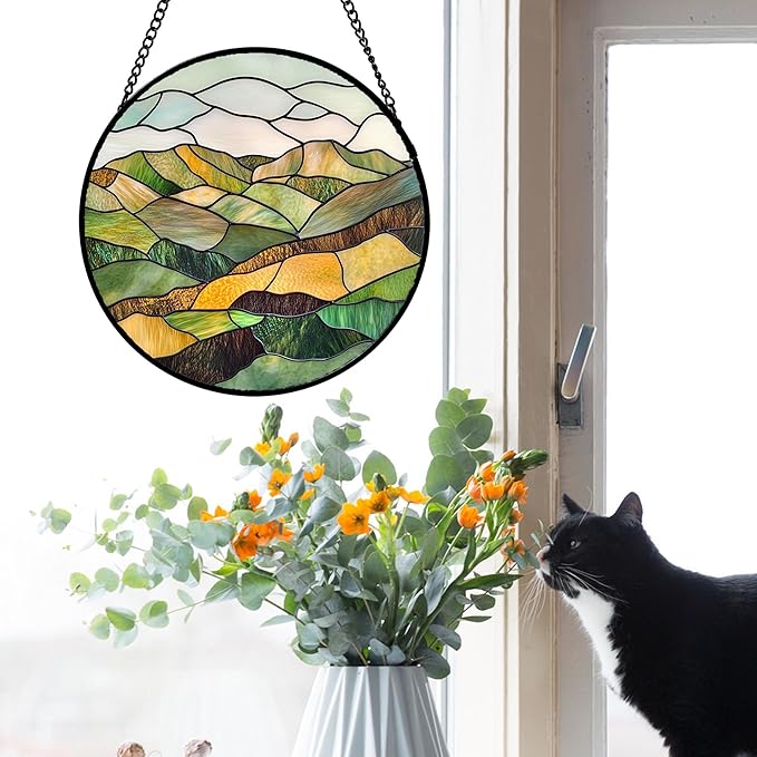 Stained Glass Window Hanging 4 Pcs Set Mountain River Landscape 6.3" - Suncatcher Door Garden Sun Catcher Decor Birthday Mother's Day for Mom Woman Nana Girl Boy Friend