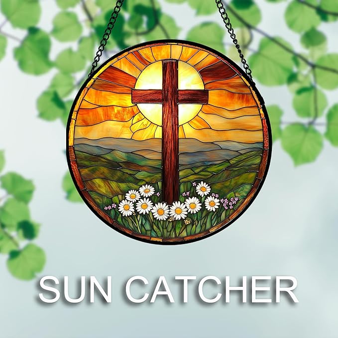 Christian Gifts for Women - Cross Stained Glass Window Hanging Easter Daisy Natural Landscape Sun Catcher Garden Religion Decor Mother's Day Catholic Gift for Men Grandma Mom Her Nana 11.8"