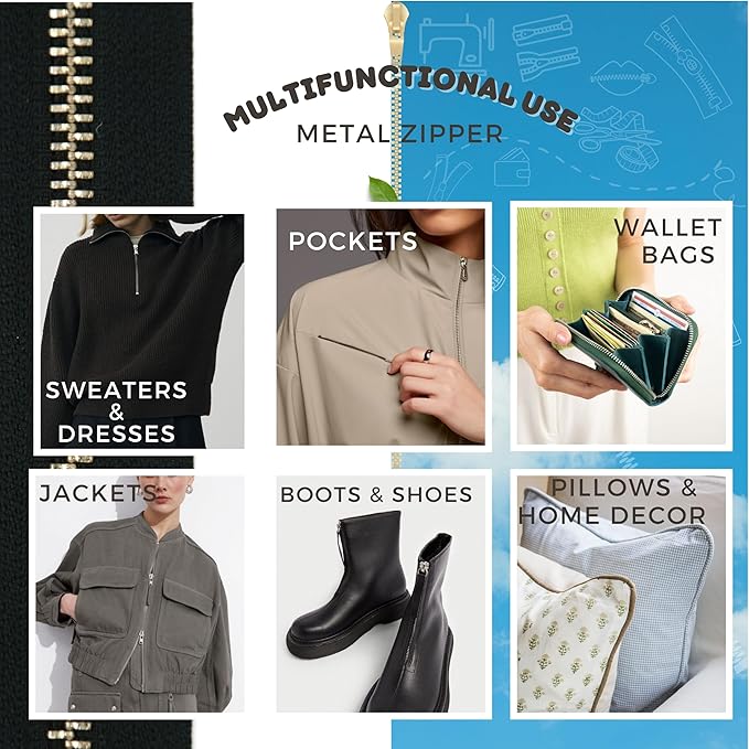 #5 Gold Metal Zipper - 50+ Colors - 3 PCS - (4-14 inches) Sizes - Luxury Lightweight Handcraft Metal Zippers with pulls for Purses Bags Pockets Shoes Sewing & Crafts DIY ZP02516