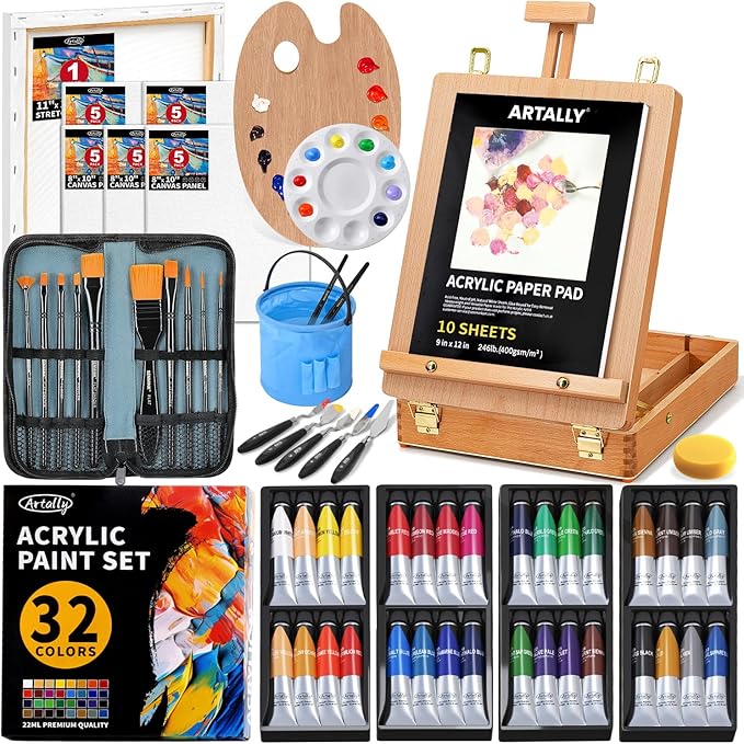 66-Piece Acrylic Painting Kit with Desktop Easel,32 Colors Acrylic Paint Set(22ML), Paint Brush Set & Case, Brush Basin, Complete Art Supplies Painting Set for Adults, Artists, Beginners