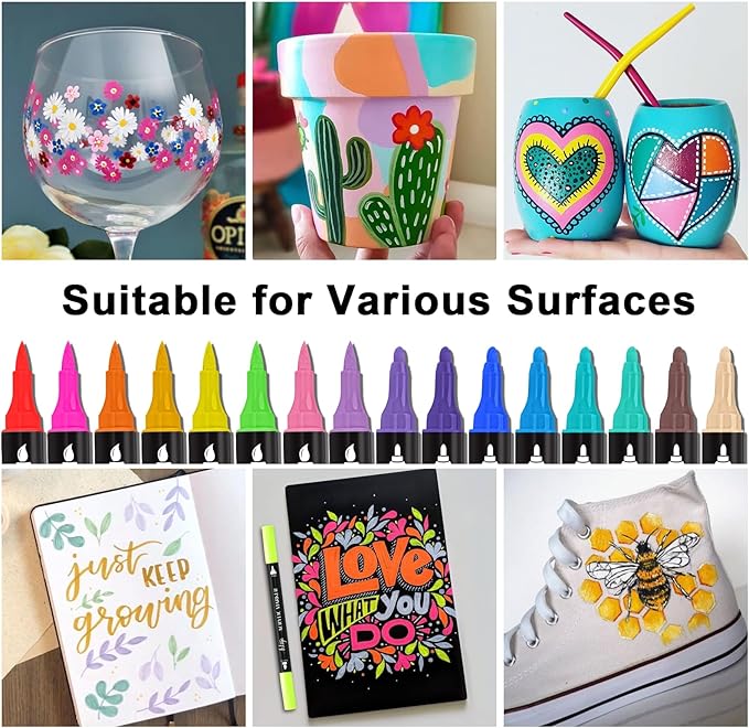 24 Colors Acrylic Paint Pens, Dual Tip Markers for Rock, Ceramic, Wood, Plastic, Calligraphy, Scrapbooking, Card Making, Stocking Stuffers, Christmas Gifts for Teens DIY Crafts