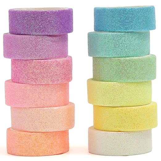 YUBX Glitter Washi Tape Set 12 Rolls Sparkling Foil Decorative Sprinkle Colored Masking Tapes for Arts, DIY Crafts, Journals, Planners, Scrapbook, Wrapping (12 Colors)