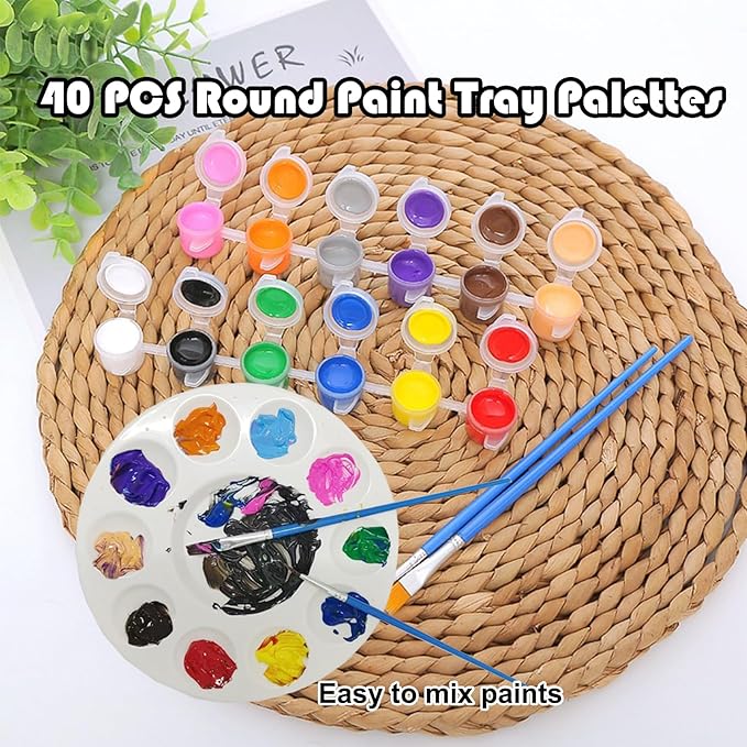 40 PCS Paint Tray Palettes,White Paint Trays for Kids,Round Plastic Paint Pallets with 10 Wells,Acrylic Paint Palette for Students DIY Craft,School Project,Painting Party