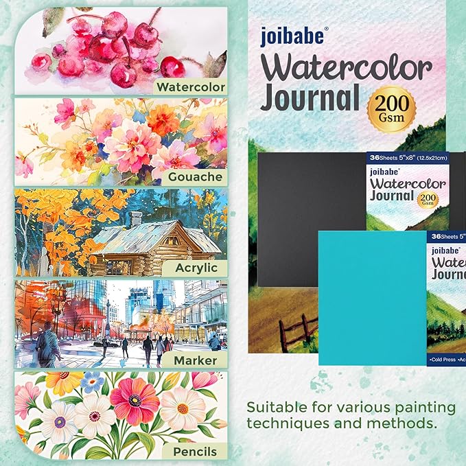 Joibabe 8” x 5” Watercolor Book,72 Pages Watercolor Pad,Cold Press,Acid-Free,(200gsm) 36 Sheets with Hardcover Watercolor Journal for Watercolors, Gouache, Acrylics and Mixed Midea（Blue）
