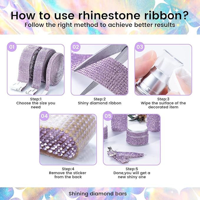 Novani Self Adhesive Rhinestone Ribbon, 0.35 Inch Wide 3 Yards 1 Roll, Purple Crystal Diamond Bling Strips for DIY Crafts, Home Decor, Clothing,Shoes, Car Decoration（Purple）