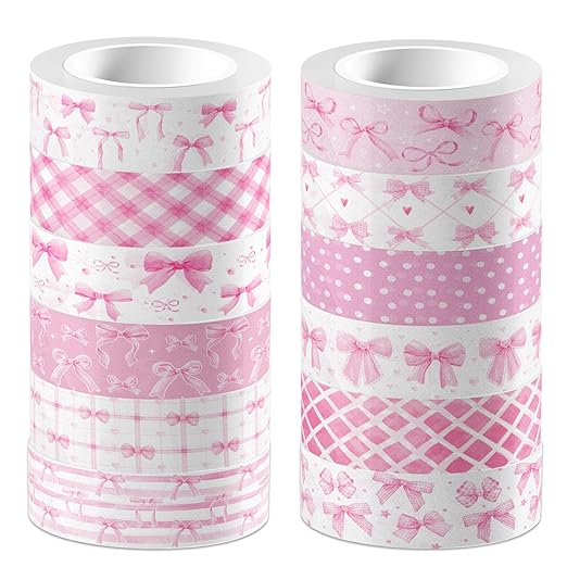 12 Rolls Pink Bow Washi Tape Set Bowknot Decorative Masking Tape Set - Bowknot, Buffalo Plaid Decorative Masking Tapes for Scrapbooking, Journaling, Coquette Party Decor, DIY Art Crafts