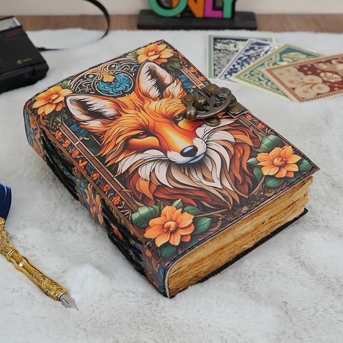 Book of Shadows Fox Print Grimoire Journal Witchcraft Supplies Witch Spell for Men & Women 200 Pages with Lock Clasp Vintage Handmade Deckle Edge Paper, Leather Sketchbook, Gifts