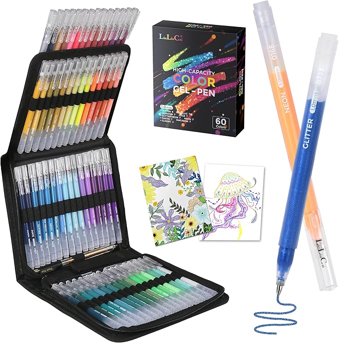 Gel Pens for Adult Coloring Book, 60 Colors Large Capacity Metallic Glitter Gel Ink Pens with Case, 1.0 mm Bullet Tip Smooth Writing, Artist Colored Gel Pen for Coloring Drawing Journaling