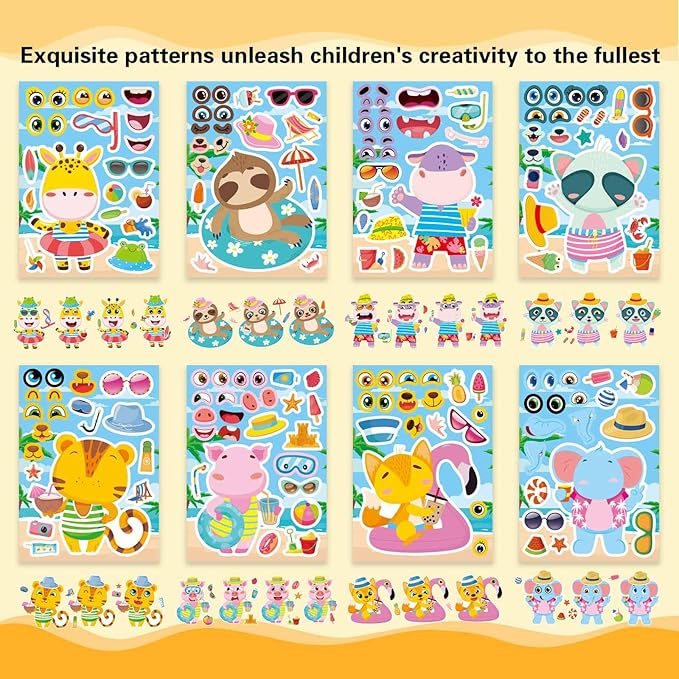 24 Sheets Summer Stickers for Kids Toddlers, Make Your Own Sticker with 8 Designs of Animal Elephants Giraffes Hippos Pigs, Animal Make a Face Stickers for Summer Holiday Party Favors