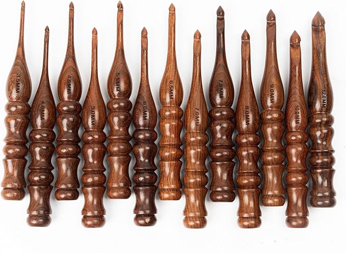 PIEWOOD - Wooden Crochet Hooks Set of 13 (3.5mm to 12mm) Ergonomic Soft Grip Handle for Arthritic Hands, Perfect Gift for Knitting & Crocheting