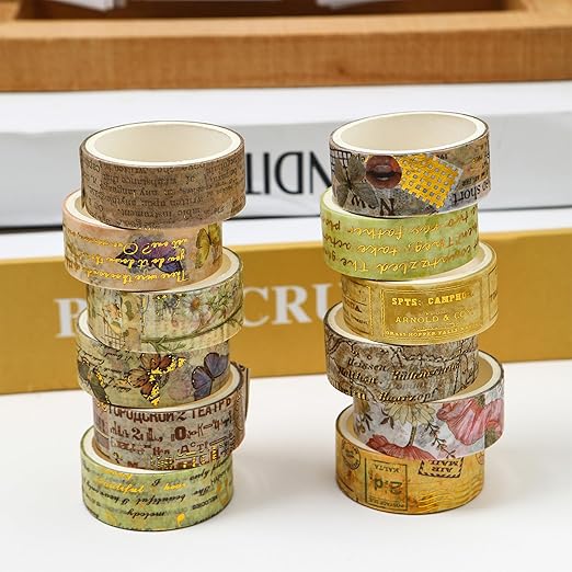 12 Rolls Charming Washi Tape Set Gold Silver Foil Detailing Arts Adhesive Tapes Basic Patterns Decorative Masking Tape Sets for Craft, Kids, Scrapbook, DIY, Gift Wrapping (Vintage Elegance)