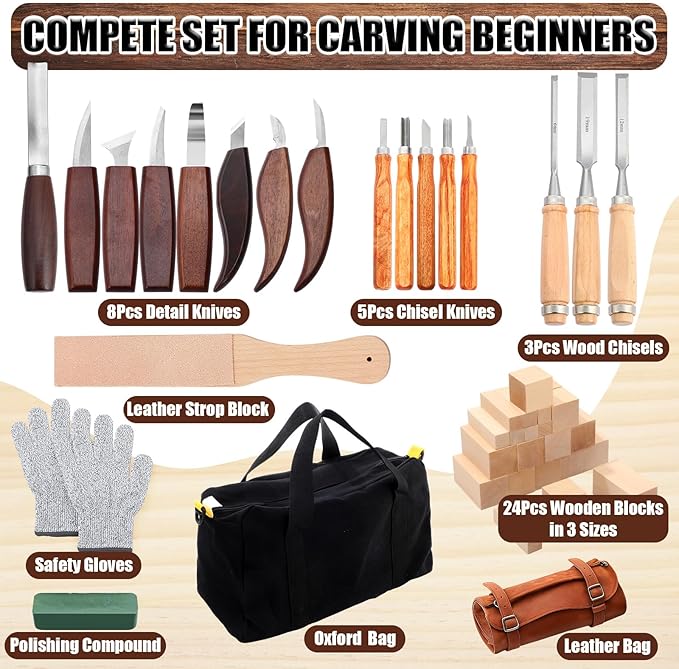 Therwen 45pcs Wood Carving Kit Included 16 Whittling Knife Chisel Set with Leather Storage Bag, 24 Basswood Carving Blocks, Wood Whittling Tool for Beginners Enthusiasts Craft Gift for Christmas
