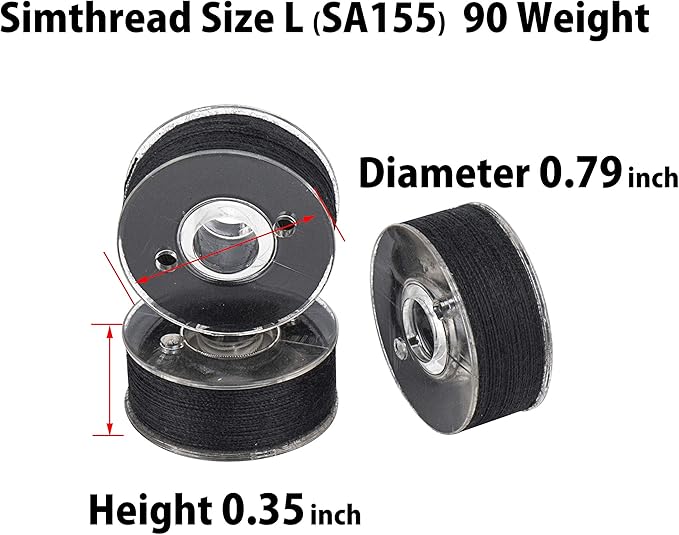 Simthread 144 Prewound Bobbin Thread Size L 90WT (SA155 60S/2) for Husqvarna Viking pfaff Creative Vision Embroidery Machines Plastic Side - Black