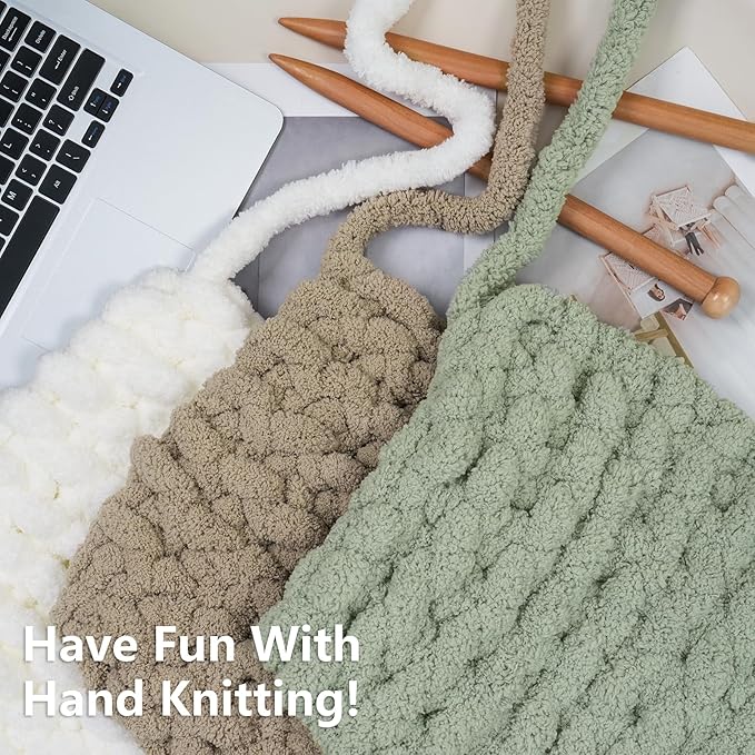 Chunky Yarn for Hand Knitting - #10 Chunky Chenille Yarn, Jumbo Big Thick Chunky Yarns for Crocheting, Super Bulky Chunky Knit Blanket Yarns, 8 Skein (25yd, 8oz/Skein), Cream & Sage & Khaki