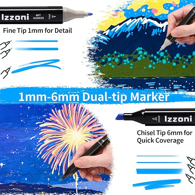 24 Colors Alcohol Markers Set, Dual Tip (Fine & Chisel) Coloring Markers, Permanent Art Drawing Marker for Kids Sketching Adult Coloring with Case and Holders (24 Colors - Black)