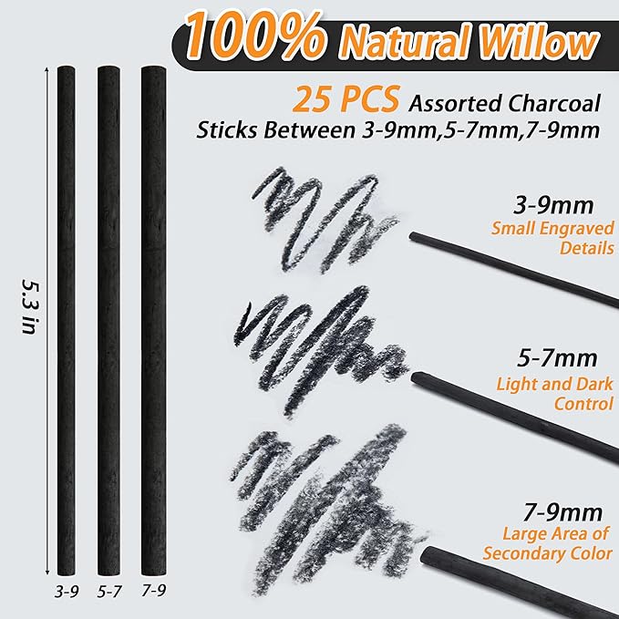 Willow Charcoal Sticks, Natural Willow Charcoal Pencils for Artists, Beginners, Students, Great for Sketching, Drawing, and Shading, Pack of 25 (7-9, Millimeters)