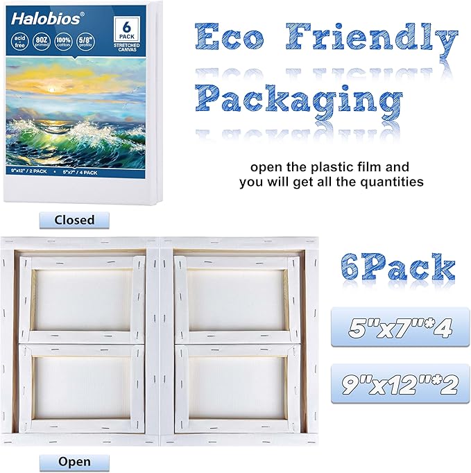 6 Packs Stretched Canvases for Painting with 5x7in,9x12in Canvas, Blank Canvases for Acrylics, Oils & Other Painting Media, 5/8 Inch Profile 100% Cotton Artist Framed Canvas