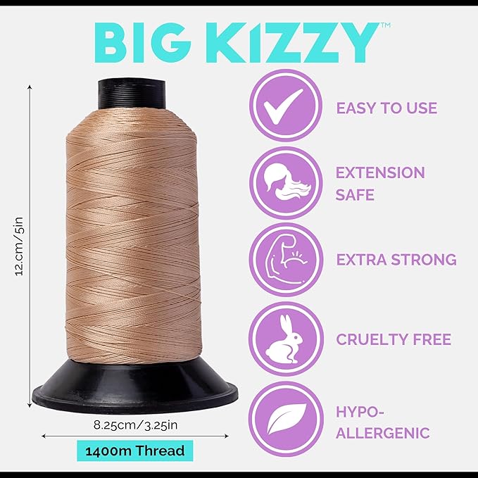 Big Kizzy Light Blonde 1400m Nylon Thread for Hair Extensions, Sew in Human Hair Weft and Wigs - Non-Slip and Comfortable Hold for Hand and Machine Tied Weft