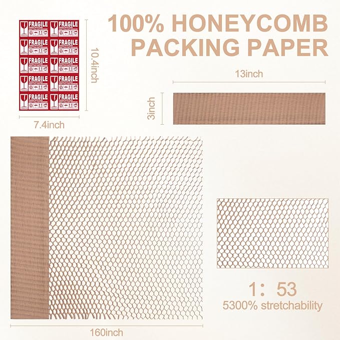 12Pcs 3D Honeycomb Packing Paper for Moving, 13" x 160" Upgrade and Reinforce Packing Paper Substitute Alternative for Bubble Cushioning Wrap with 20 Fragile Sticker