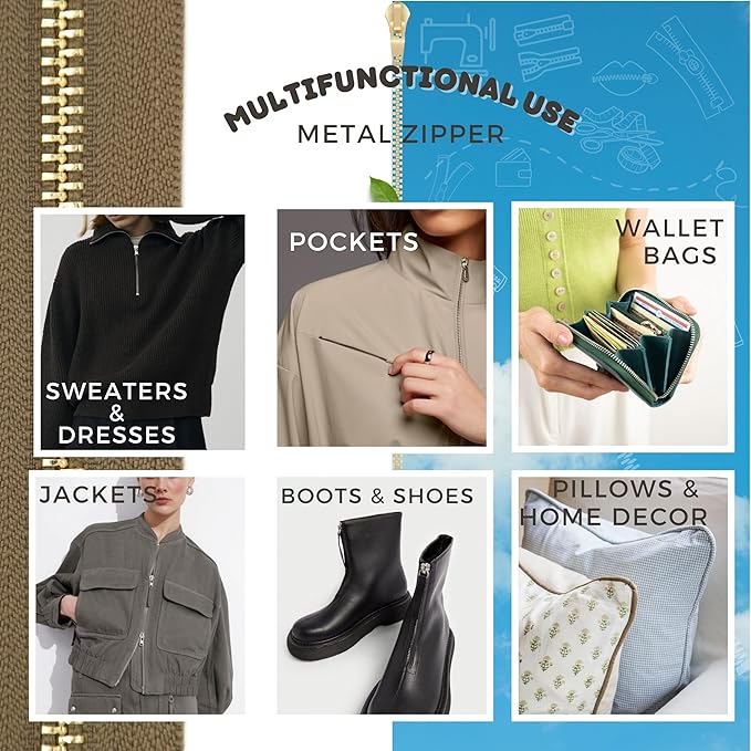 #5 Gold Metal Zipper - 50+ Colors - 3 PCS - (4-14 inches) Sizes - Luxury Lightweight Handcraft Metal Zippers with pulls for Purses Bags Pockets Shoes Sewing & Crafts DIY ZP02486
