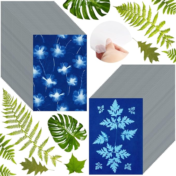 60 Sheets Sun Print Paper Cyanotype Paper Kit, A5 Sun Art Papers With 1 Plastic Tool for Printing, Light Sensitive Solar Photography Papers for Kids DIY Crafts (5.8x 8.3 inch)