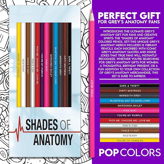 Grey's Anatomy-Inspired Colored Pencils Set for Adults – 12 Drawing Pencils with Foil-Stamped Names – Grey's Anatomy Gifts for Fans – Art and Office Supplies, Travel Colored Pencil Set