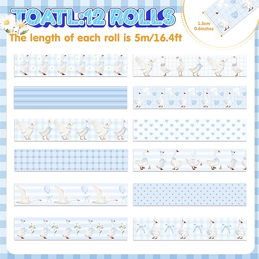 Laffact Blue Goose Washi Tapes - 12Rolls Blue Watercolor Coquette Bow Silly Goose Plaid Decoration Tape Set, Wrapping Paper Tape for Scrapbook Journal DIY Art Craft for Baby Shower Party Birthday Gift