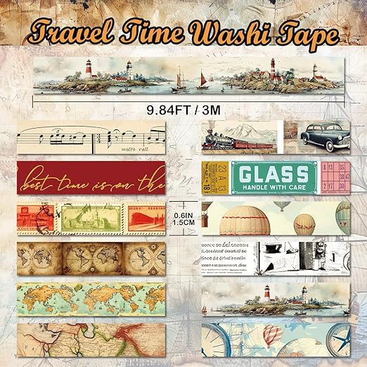 Vintage Washi Tape Set,12 Rolls World Travel Navigation Map Stamp Aesthetic Decorative Tape Masking Washi Tape for Journaling Supplies, Scrapbooking, DIY Arts & Crafts, Gift Wrapping