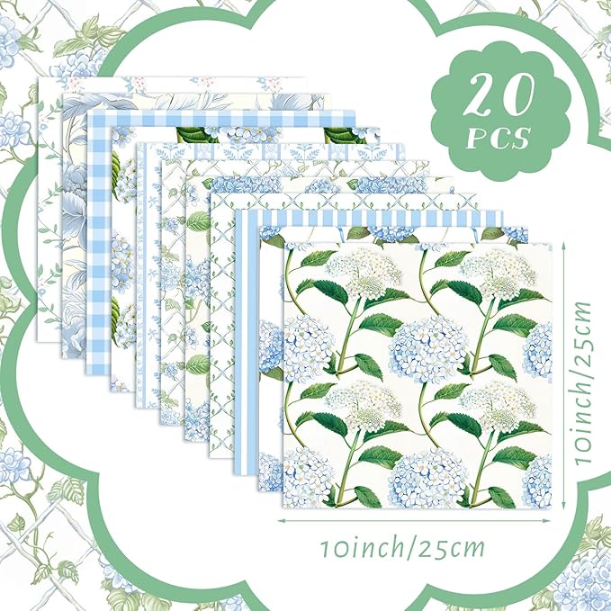 20 Pcs 10''x10'' Hydrangea Quilting Fabric Square Bundle Watercolor Dusty Blue Floral Precuts Quiltted Fabric Printed Patchwork Material Supplies for Holiday Patchwork DIY Sewing Crafts