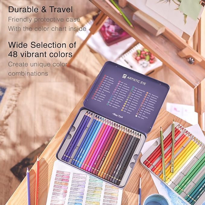 ARTISTIC EYE Premium Watercolor Pencils | Set of 48, Quality 3.5mm Soft Core Leads, Water-Soluble Pencils, Perfect for Beginner & Advanced Artists