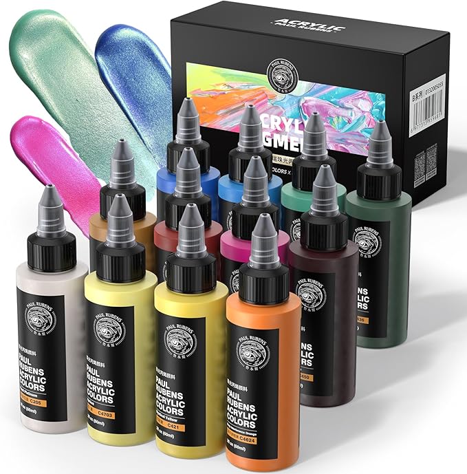 Paul Rubens Acrylic Paint, 12 Colors Metallic Acrylic Paint Set B, 2oz/60ml Bottles, Rich Pigments, Strong Coverage Acrylic Paints For Adults, Artists, Beginners On Canvas Rocks Wood Ceramic Fabric