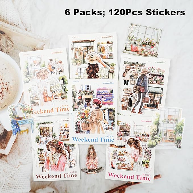 120PCS Cozy Daily Life PET Stickers Set, Character and Aesthetic Scenes for Scrapbooking, Journaling, and DIY Crafts